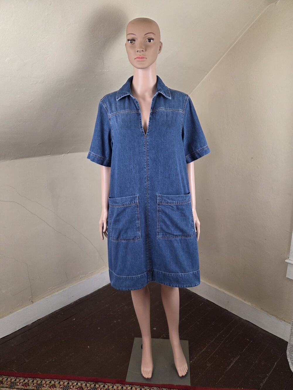 ME+EM Denim Swing Shirt Dress Blue Cotton Pockets A-Line Relaxed Size US 6 EU 38 - Picture 4 of 14